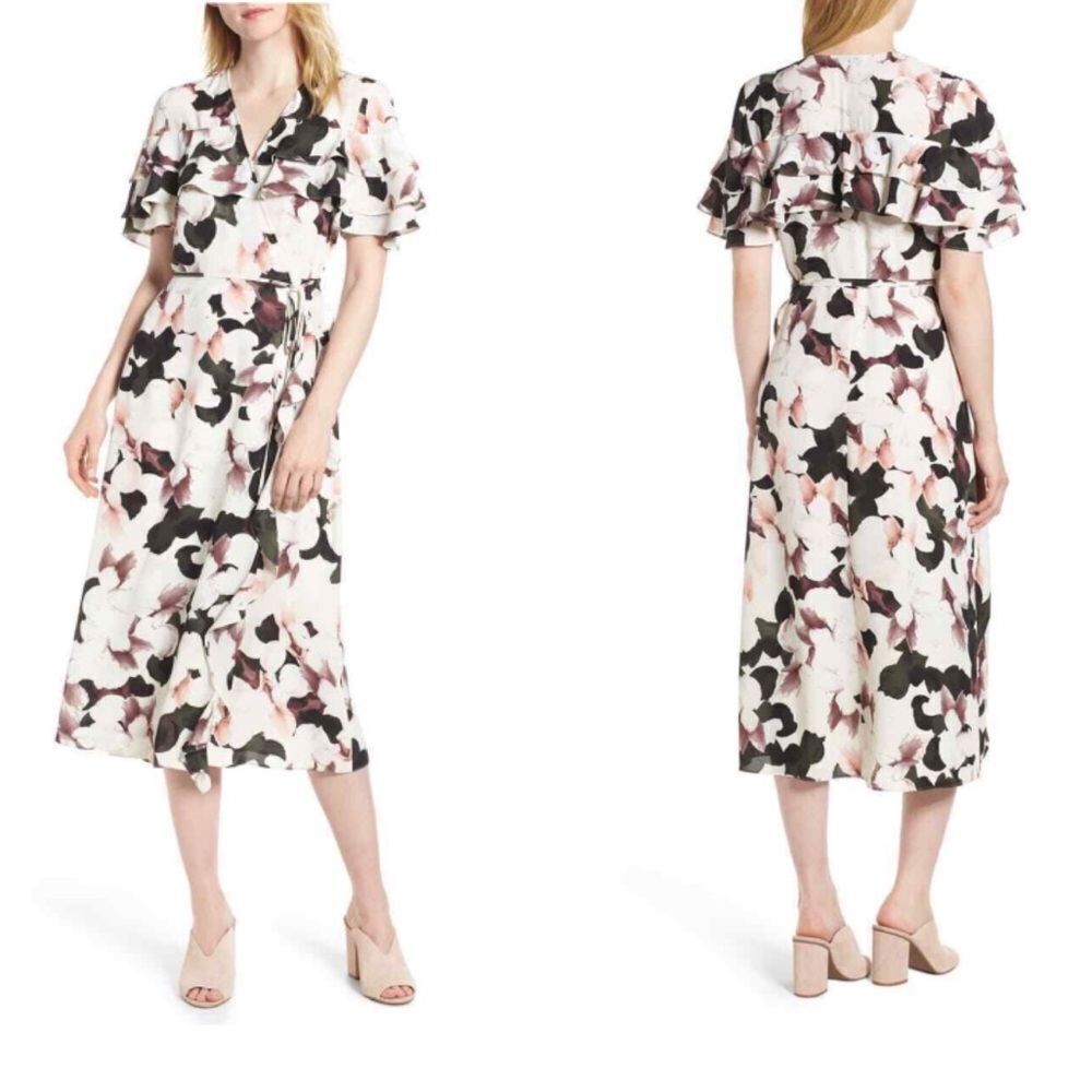 1. STATE WOMEN'S WHITE FLORAL V-NECK TIERED RUFFLED MIDI WRAP DRESS SIZE XS